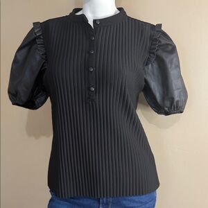 Marc New York Black Textured Puff Faux Leather Short 5-Button Top